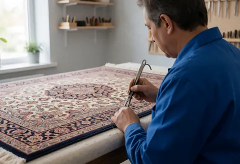 Technician in blue uniform repairing a Persian rug with a metal tool in a well-lit workshop with tool shelves and natural light.