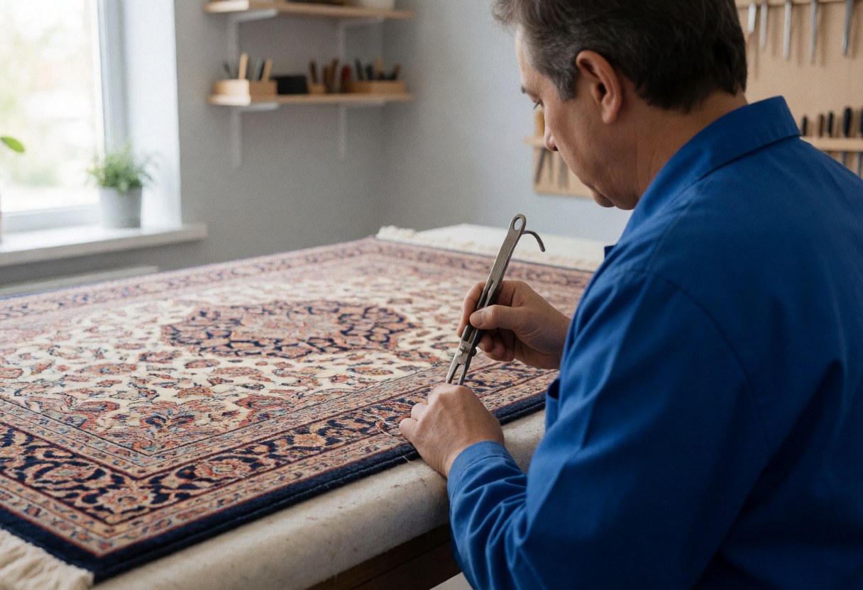 Technician in blue uniform repairing a Persian rug with a metal tool in a well-lit workshop with tool shelves and natural light.