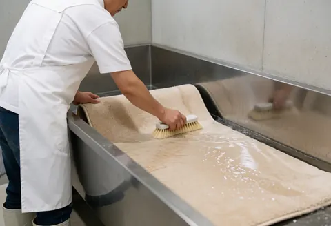 A worker in a white apron and boots cleans a beige carpet in a stainless steel bathtub with water and concrete walls.