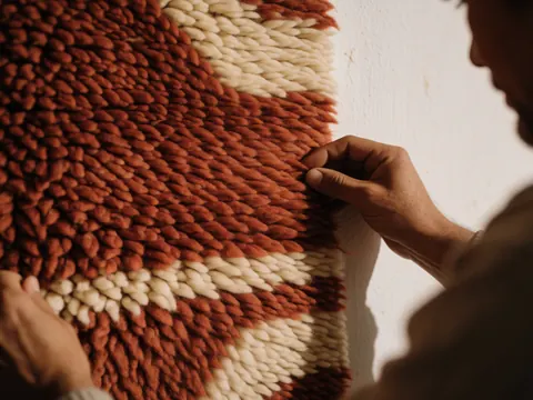 Detailed view of a hand-woven alpaca wool rug featuring a textured pattern in warm terracotta and cream tones against a wooden background