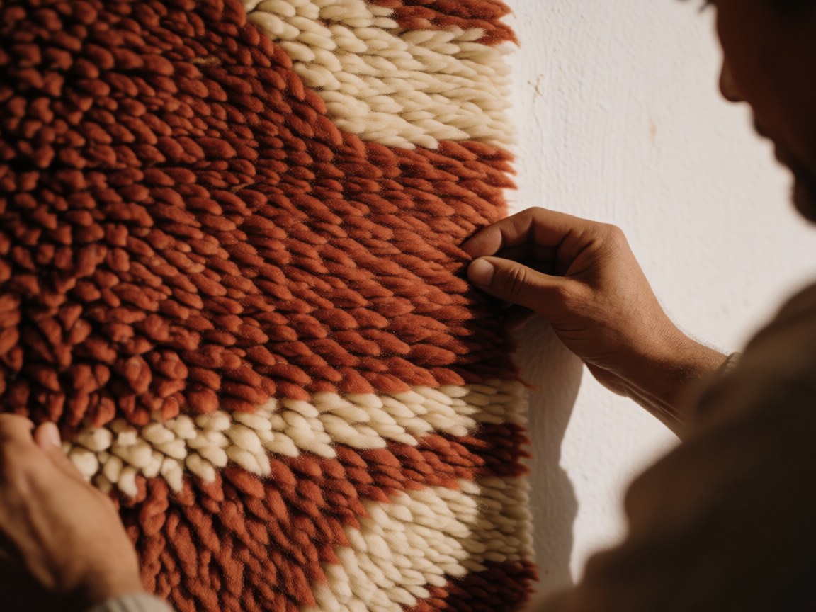 Detailed view of a hand-woven alpaca wool rug featuring a textured pattern in warm terracotta and cream tones against a wooden background
