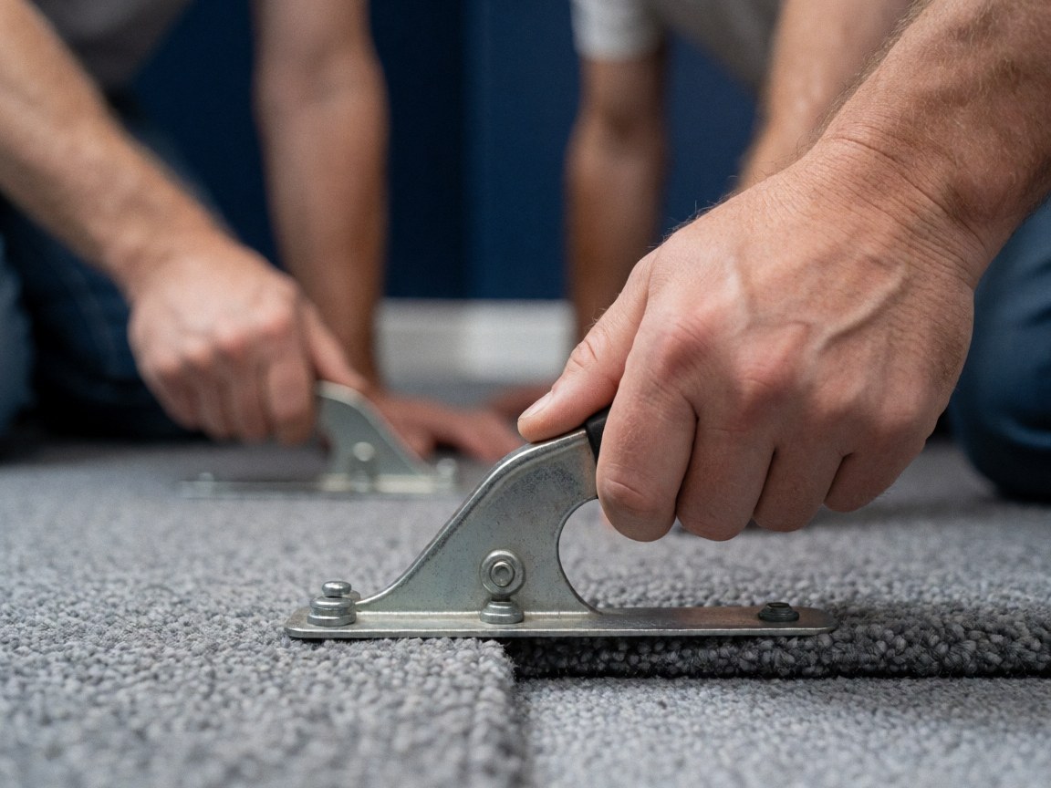Detailed view of hands using a specialized tool to stretch gray carpeting against a dark blue wall during installation
