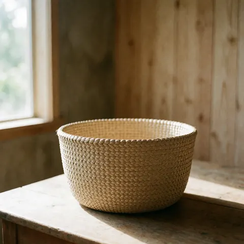 Close-up of a rustic woven palm basket with natural texture and warm beige tones, placed on a wooden table with soft sunlight and shadows