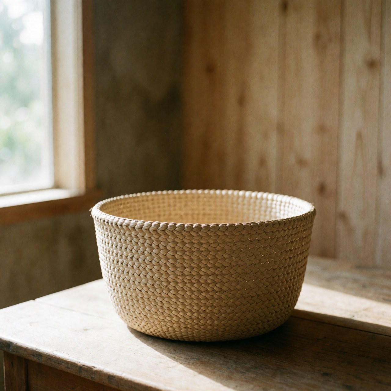 Close-up of a rustic woven palm basket with natural texture and warm beige tones, placed on a wooden table with soft sunlight and shadows