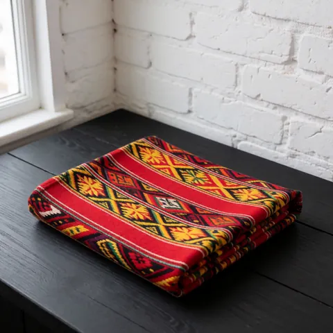 Close-up view of a traditional Quechua pattern featuring geometric shapes in red, yellow, and black on a woven textile surface.