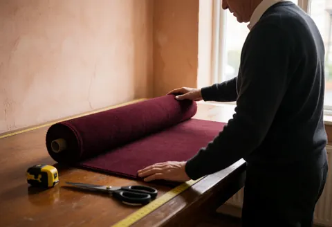 A professional measures and cuts a burgundy carpet on a wooden table using scissors and a measuring tape in a workshop with terracotta walls and natural light.