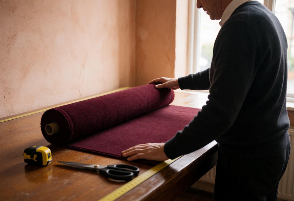 A professional measures and cuts a burgundy carpet on a wooden table using scissors and a measuring tape in a workshop with terracotta walls and natural light.
