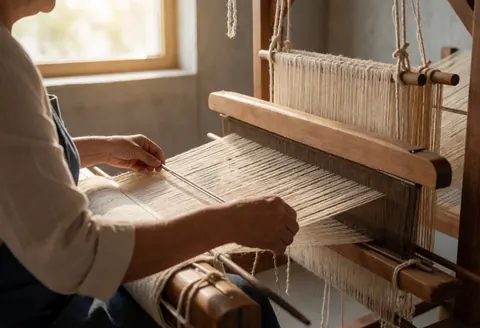 Close-up view of beige wool threads being woven on a traditional vertical wooden loom, highlighting the intricate texture and craftsmanship of handmade textile production.