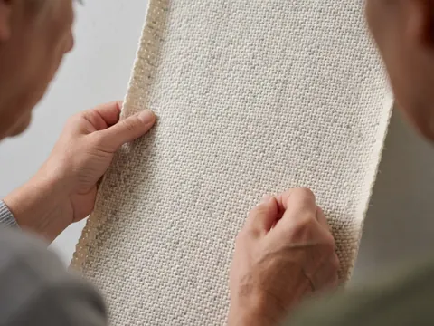 Close-up of hands examining textured cream and gray cotton fabric suitable for rugs and upholstery