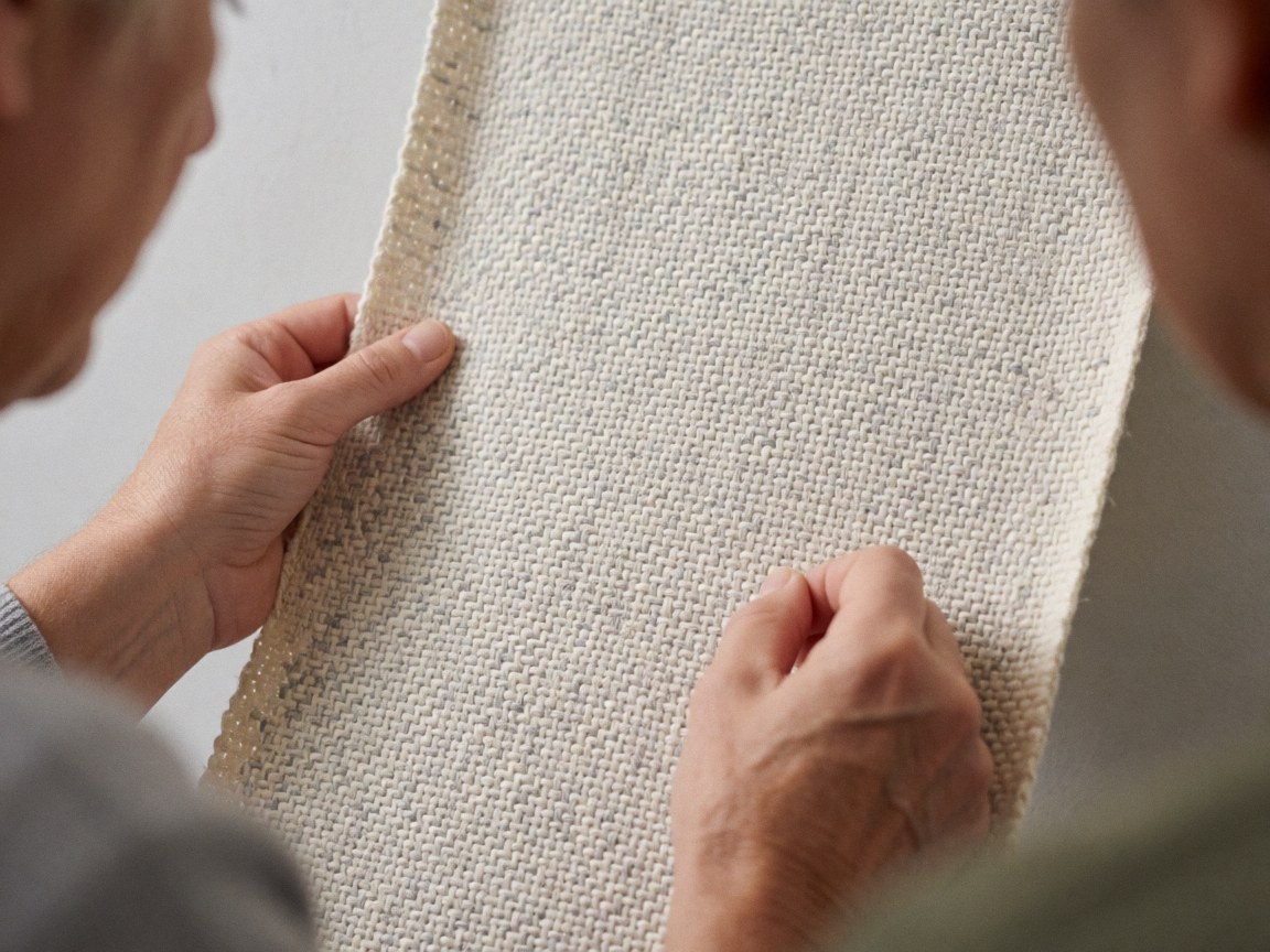 Close-up of hands examining textured cream and gray cotton fabric suitable for rugs and upholstery
