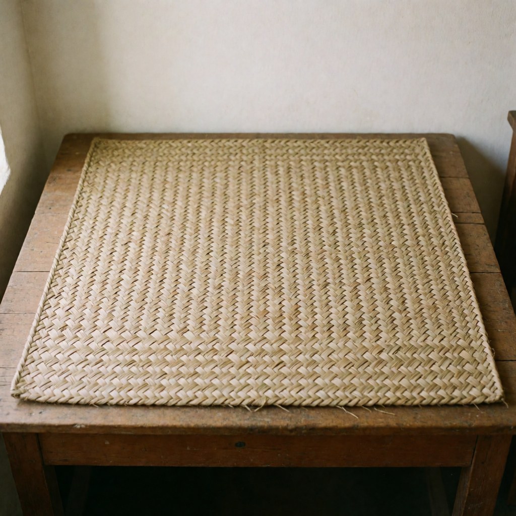 Close-up of a handcrafted woven palm fiber rug placed on a rustic wooden table surface with natural lighting