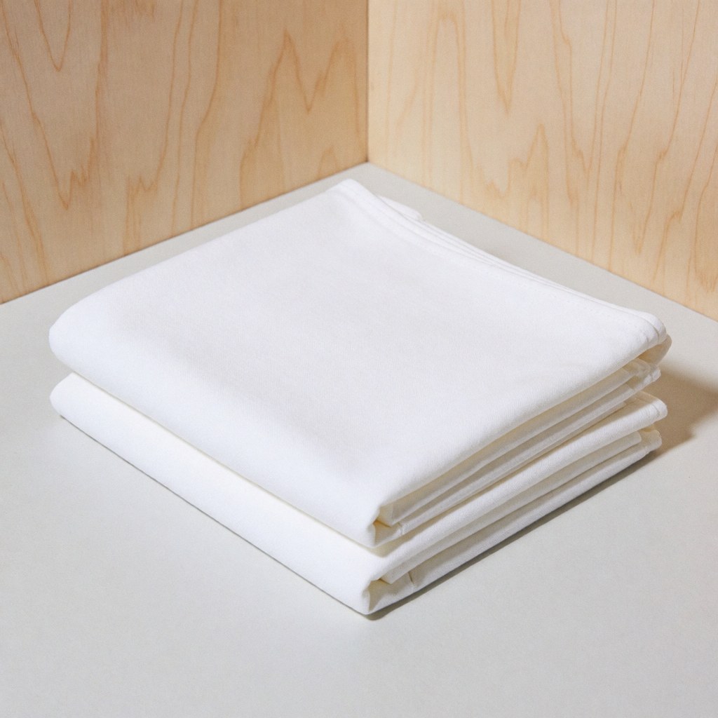 Close-up of a soft white cotton textile draped over a wooden surface, showcasing its texture and weave for product display