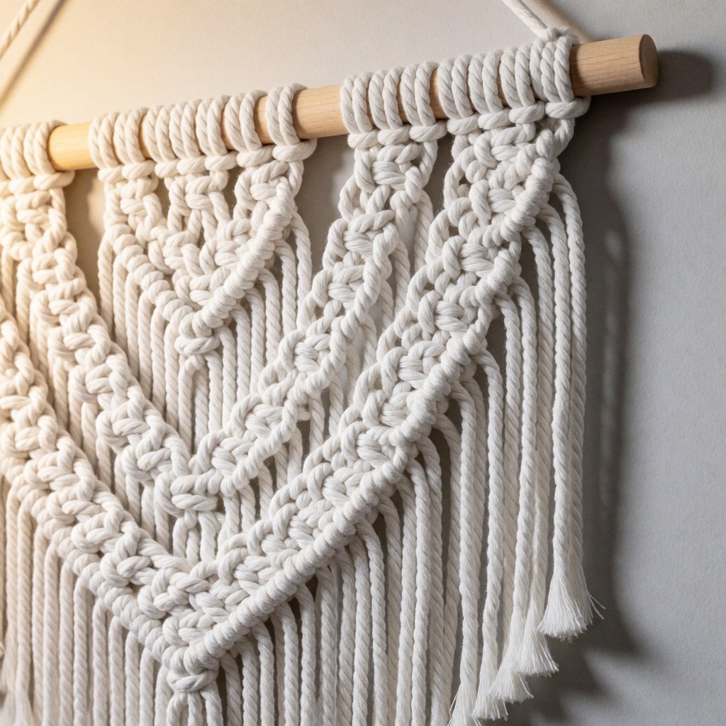 A white handmade macrame wall hanging featuring intricate knots and cotton threads, displayed against a neutral background for product photography