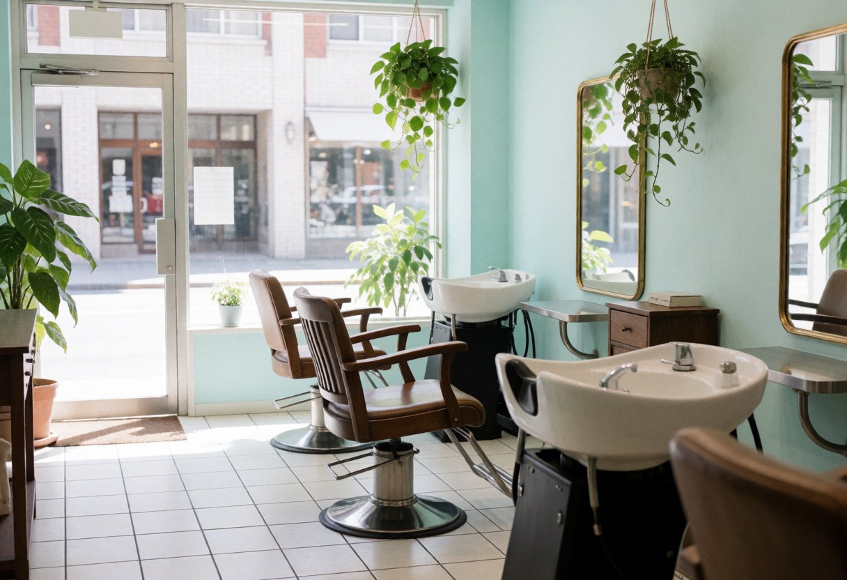 Clean hair salon interior featuring styling chairs, white sinks, mirrors, hanging plants, turquoise walls, and white flooring
