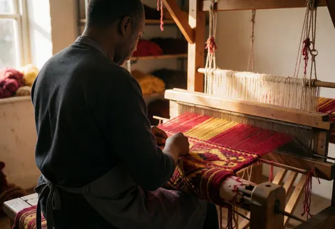 A carpenter weaves a traditional rug using red and yellow yarn in a sunlit workshop, highlighting the texture and artisanal process.