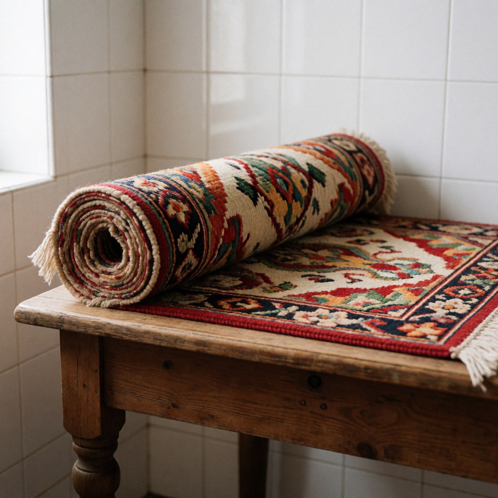 Close-up of a traditional wool woven tapestry with red, green, and beige patterns displayed on a wooden surface near natural light
