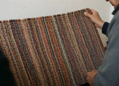 Close-up of a hand holding a handmade woven rug featuring colorful patterns, dense texture, and rustic details against a white background.