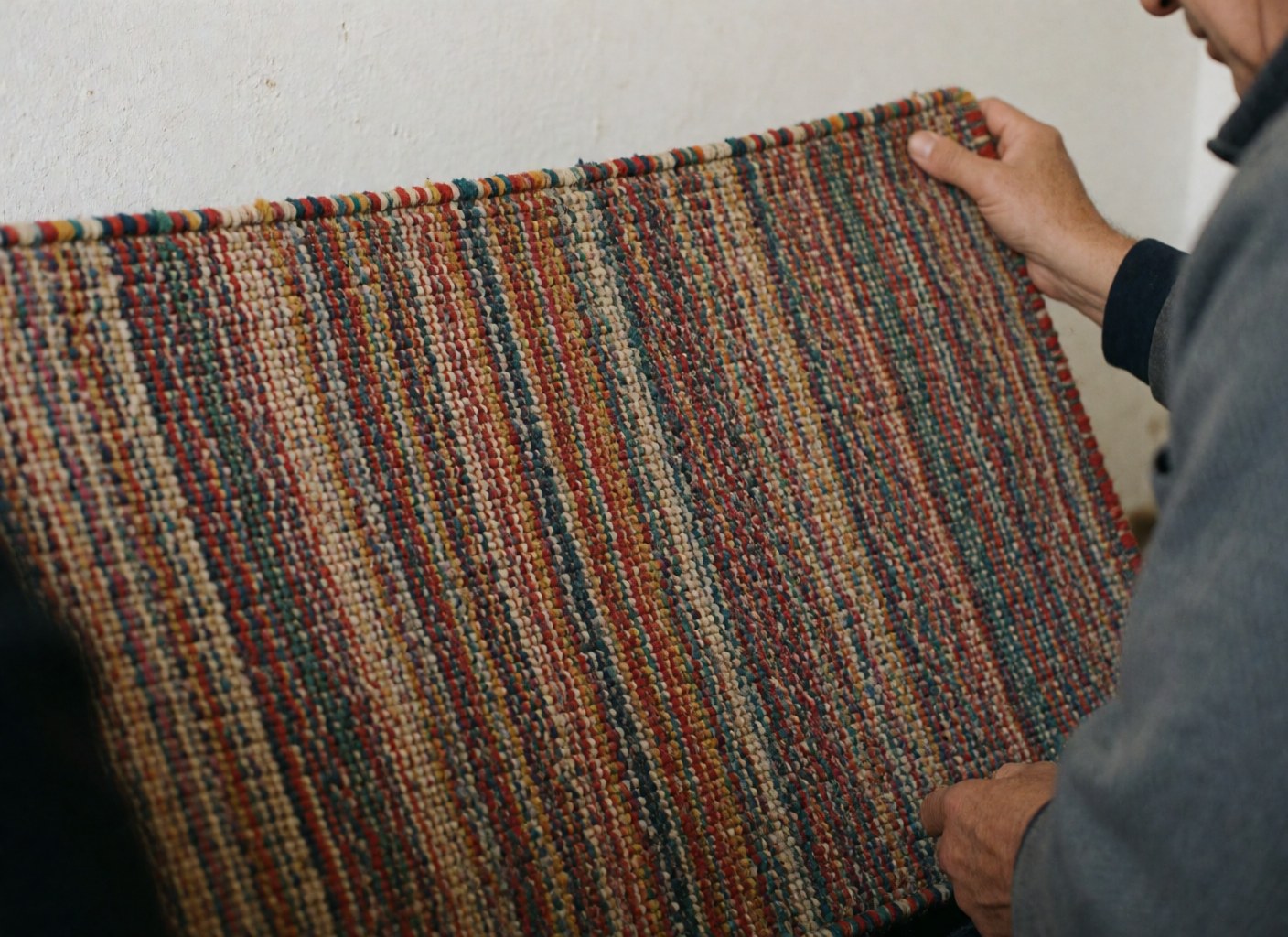Close-up of a hand holding a handmade woven rug featuring colorful patterns, dense texture, and rustic details against a white background.