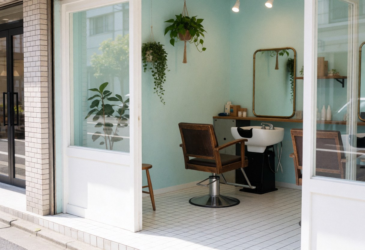 View of a hair salon interior featuring a barber chair, white sink, bronze mirror, hanging plants, turquoise walls, and white floor.