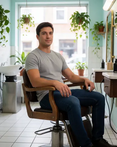 A happy customer smiling while sitting in a salon chair after receiving a professional haircut and styling service