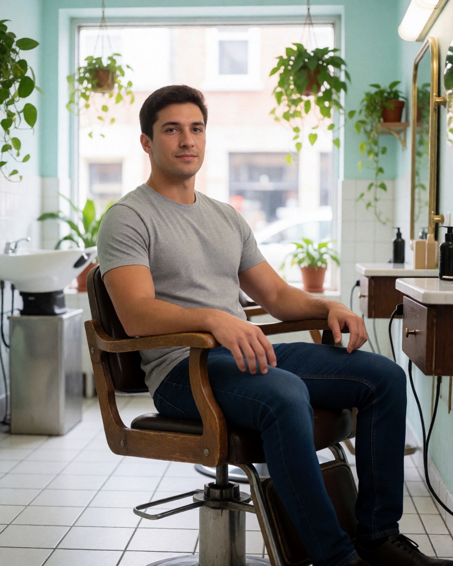 A happy customer smiling while sitting in a salon chair after receiving a professional haircut and styling service