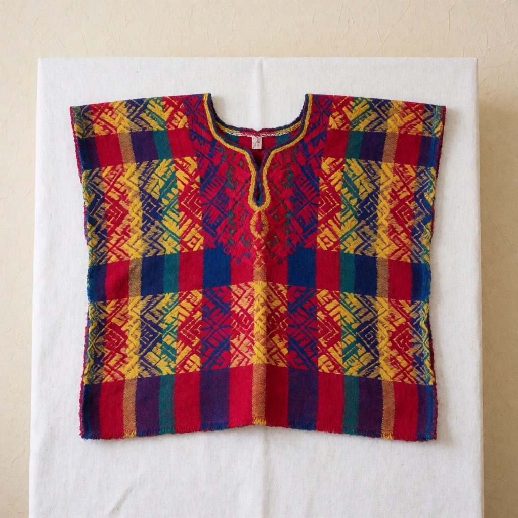 Close-up view of a traditional Guatemalan huipil featuring vibrant geometric patterns and intricate weaving details on a white background