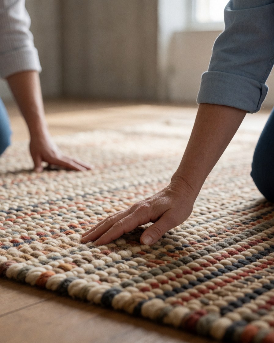 Detailed close-up view of a woven carpet texture showing natural fibers and warm tones suitable for home decor