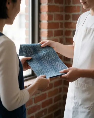 A customer inspects a blue fabric sample while receiving guidance from an advisor in a carpet store with brick walls and natural light.