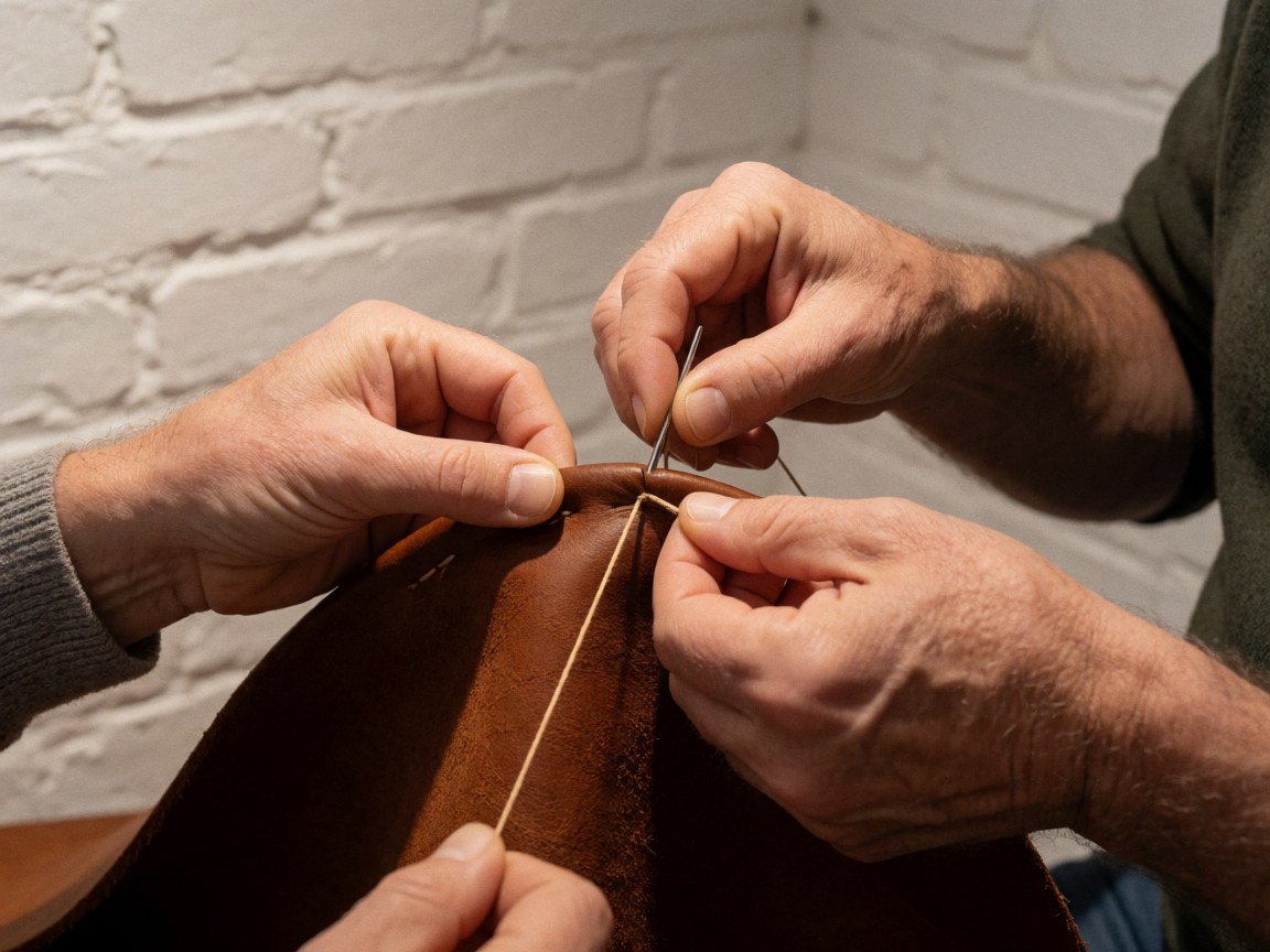 Detailed view of brown leather stitching with visible thread and needle work on a textured surface