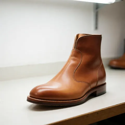 Brown leather ankle boot with visible stitching on a white workbench in a cobbler workshop with soft lighting and blurred background