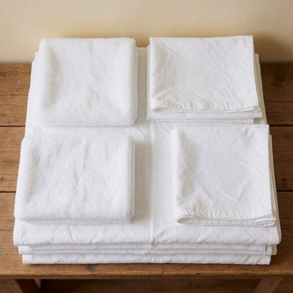 A neat stack of white cotton towels placed on a rustic wooden surface, ideal for hotel, restaurant, or home decor product displays.