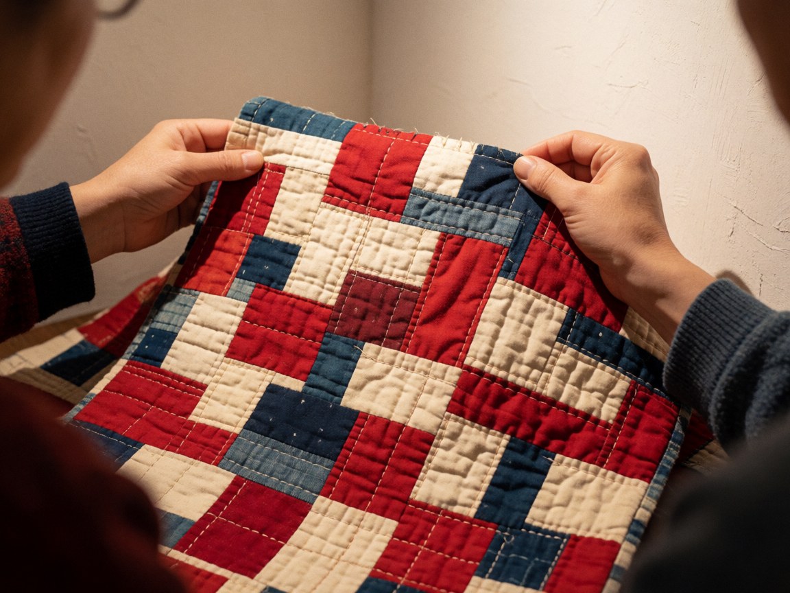 Detailed view of a handmade patchwork quilt featuring various fabric textures and stitching patterns