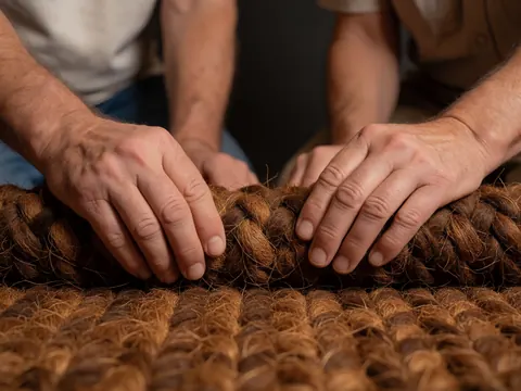 Close-up of artisan hands weaving a coconut fiber rug, highlighting the natural texture and detailed craftsmanship against a dark background.