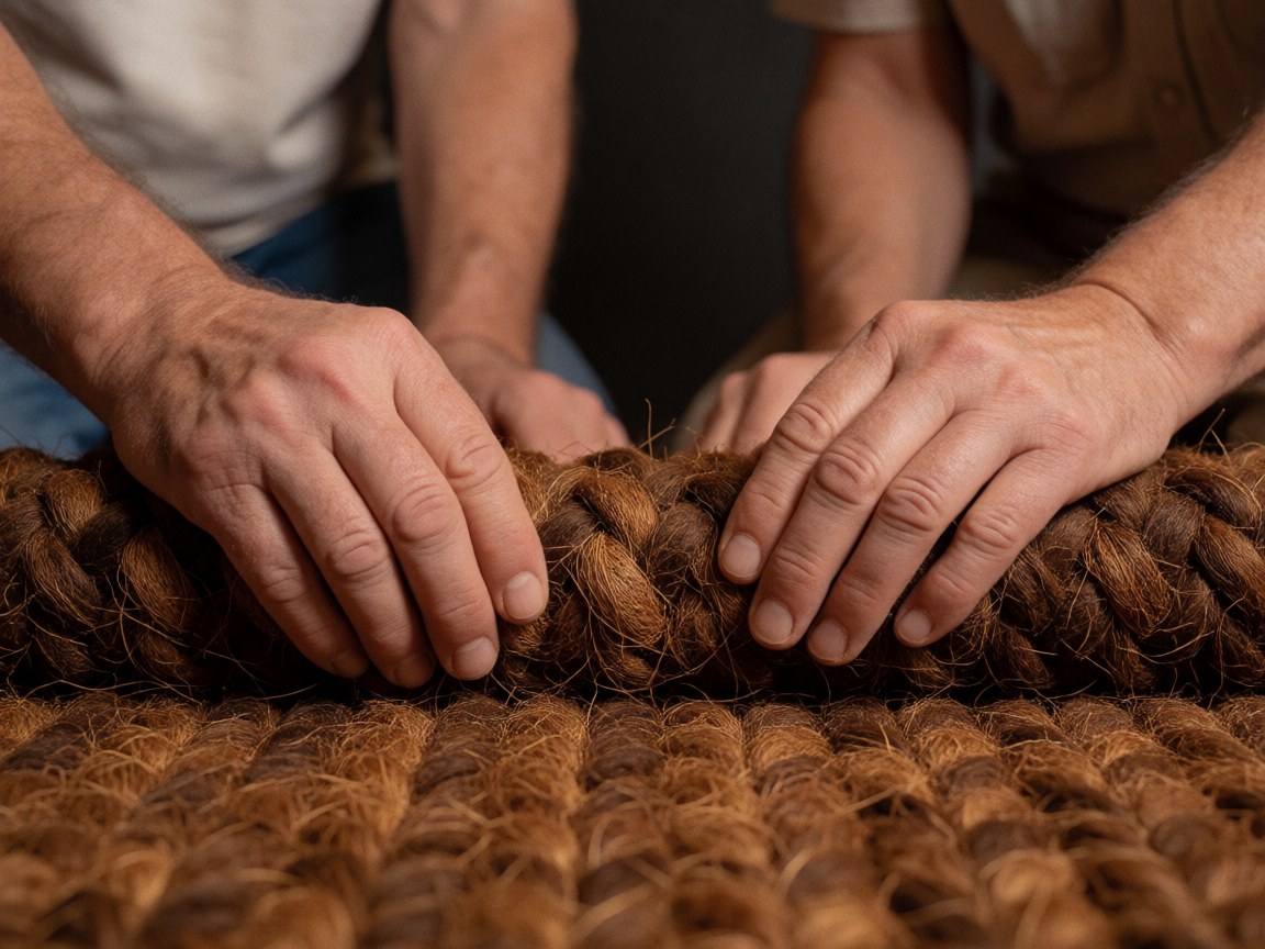 Close-up of artisan hands weaving a coconut fiber rug, highlighting the natural texture and detailed craftsmanship against a dark background.