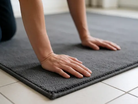 Close-up view of a gray low-profile carpet tile being installed by hand, highlighting the texture and seamless flooring details for modern home decor.