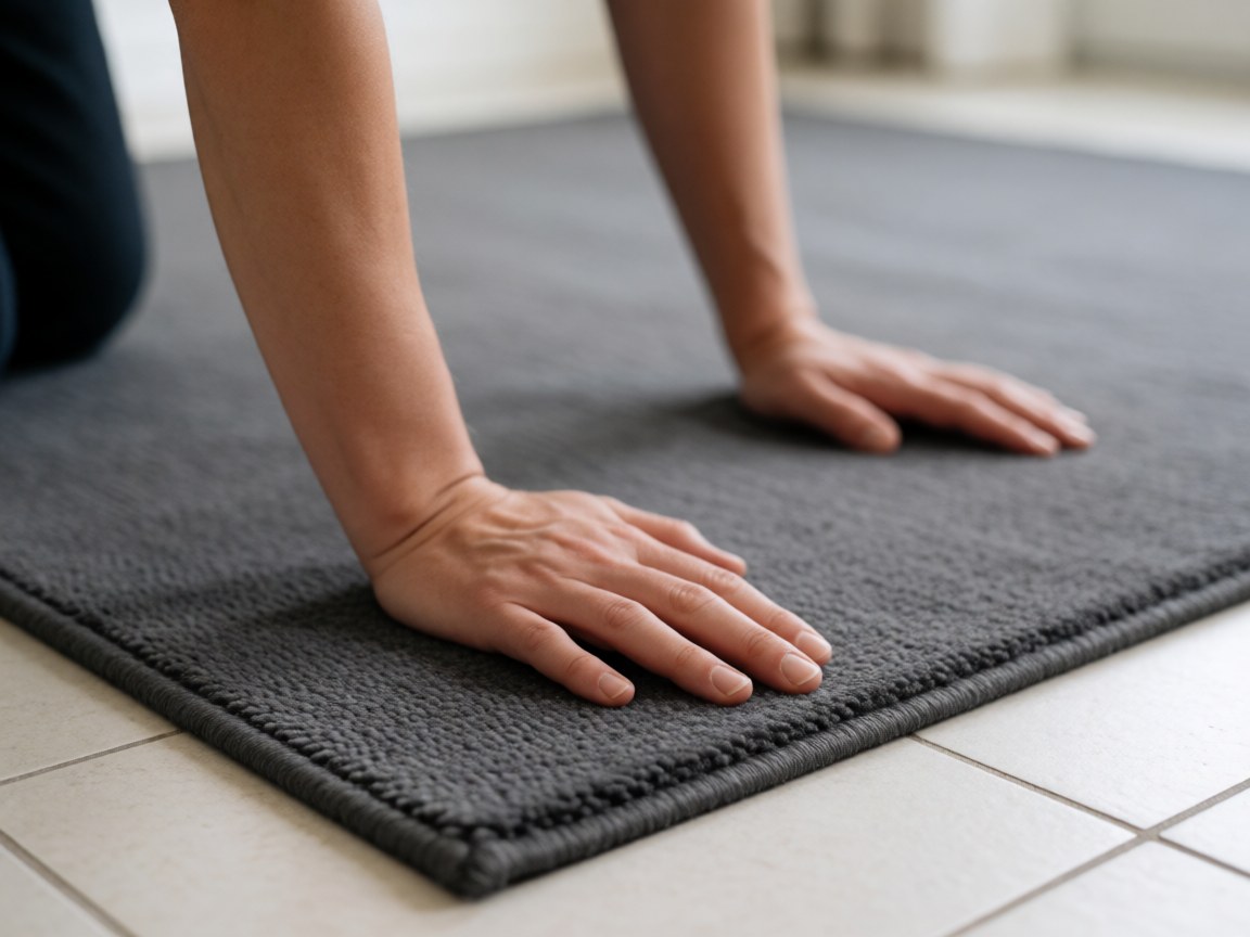 Close-up view of a gray low-profile carpet tile being installed by hand, highlighting the texture and seamless flooring details for modern home decor.