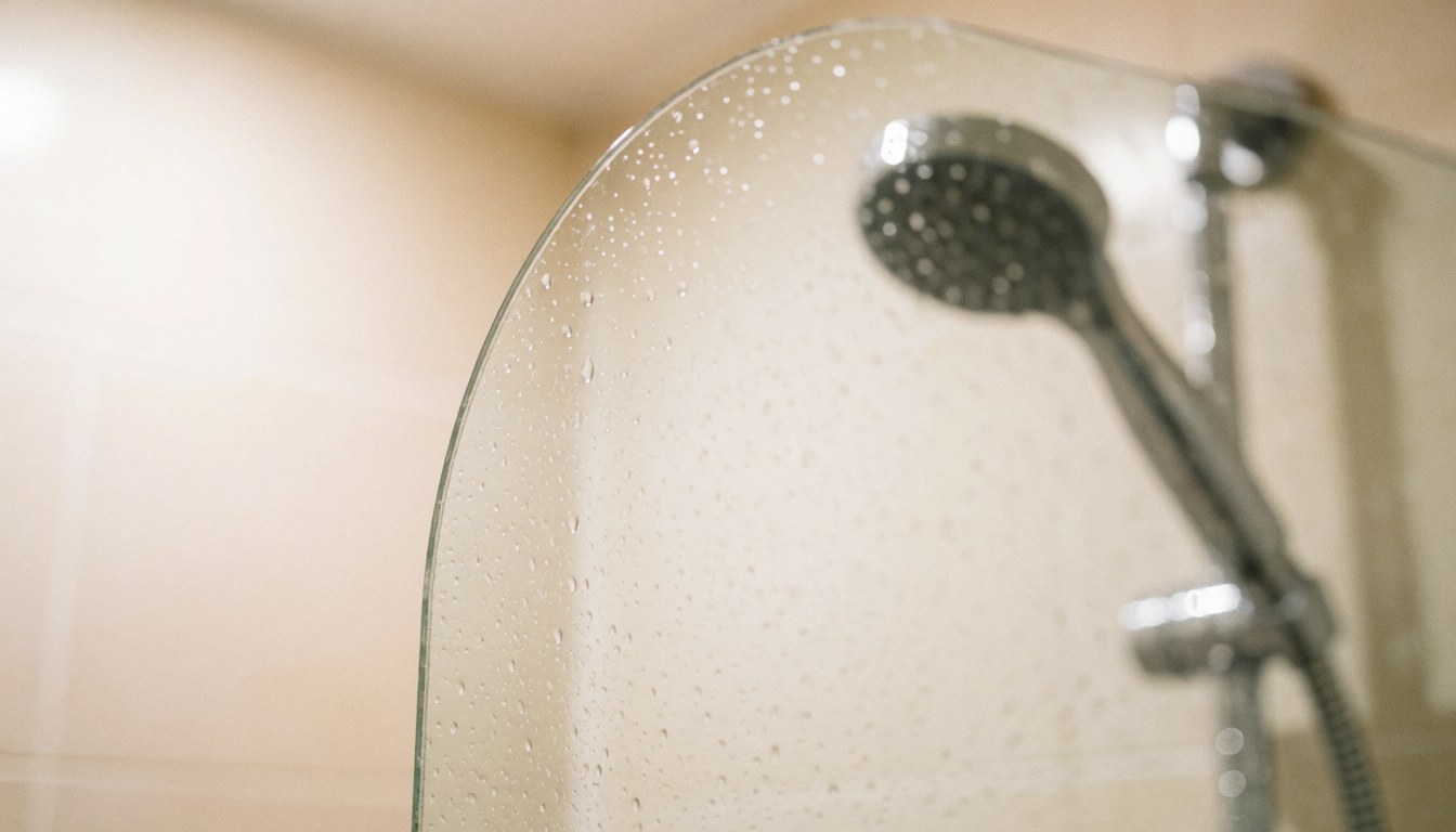 A close-up view of a curved glass shower door with water droplets and metal faucet, creating a clean and relaxing background suitable for text.