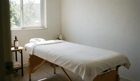 A clean and tranquil minimalist massage room featuring a white treatment bed, wooden elements, and soft natural light from a window, creating a serene spa atmosphere.