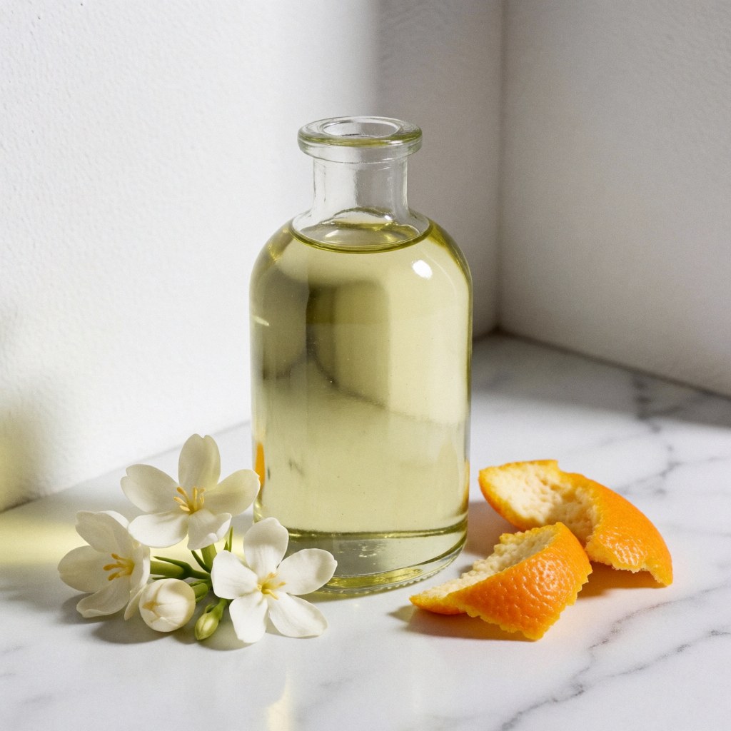 Glass bottle of essential oil surrounded by jasmine flowers and orange peels on white marble with soft minimalist lighting for spa and massage use