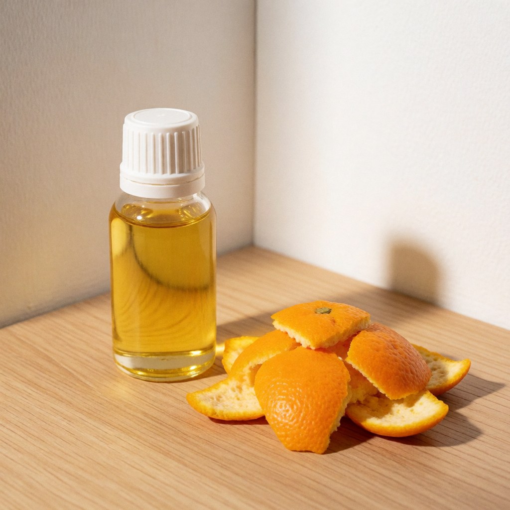 A small bottle of citrus essential oil placed on a light wooden surface with orange peels nearby, evoking natural wellness and spa aromatherapy.