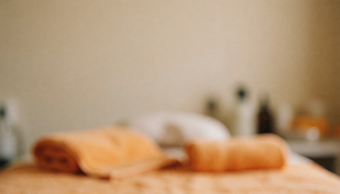 Warm-toned spa background featuring orange towels and bottles, ideal for massage and wellness text overlays