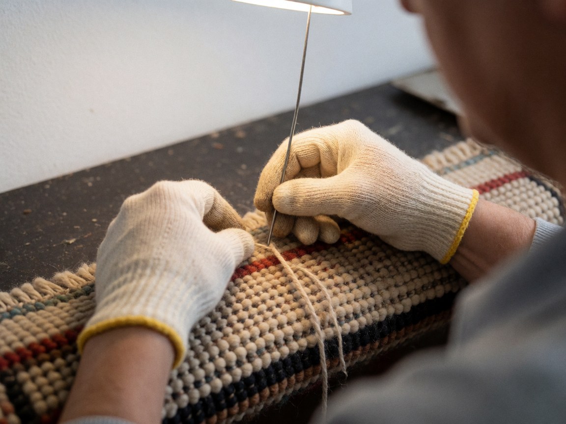 Gloved hand using a needle to stitch a carpet, highlighting wool texture and manual repair work against a dark background with warm lighting.