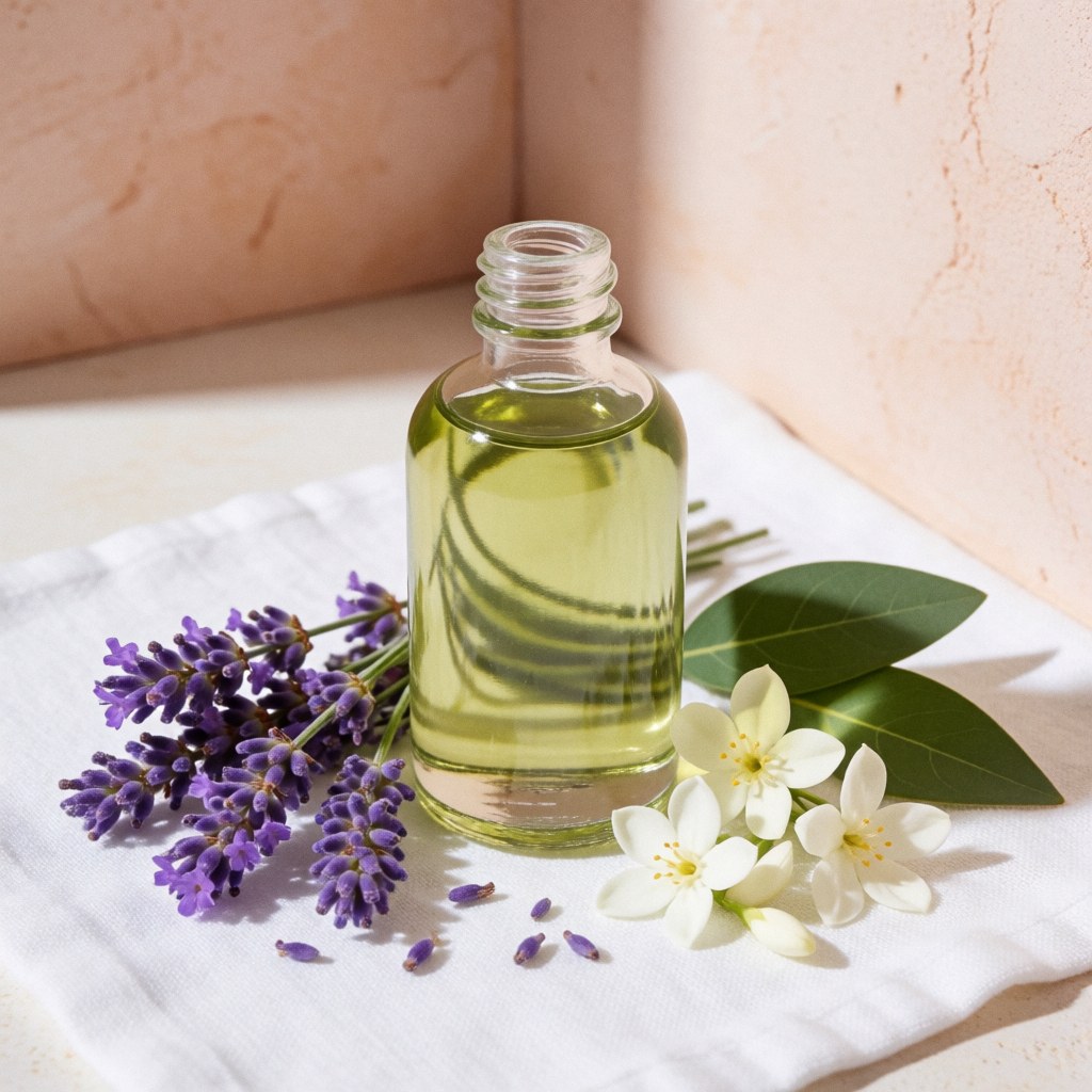 A clear glass bottle containing eucalyptus and jasmine massage oil, presented as a product for spa and wellness use.