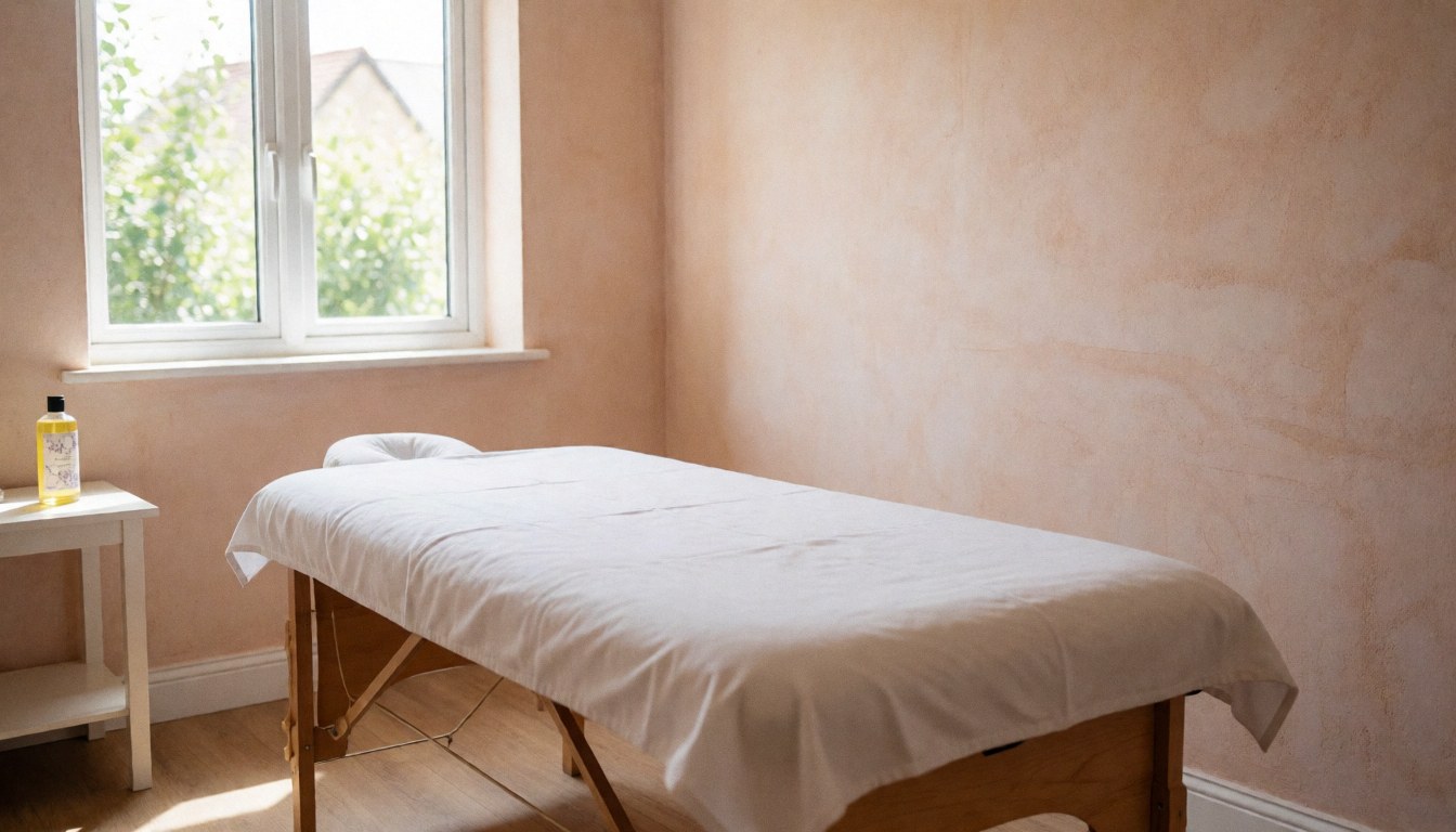 Empty massage room featuring a wooden bed, white linens, terracotta walls, and natural light streaming through a window, ideal for relaxation.