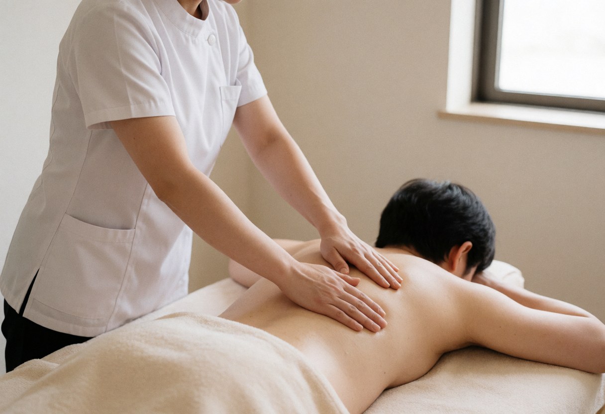 Therapist using hands to perform a Swedish massage on a client's back while lying on a table in a relaxed, professional setting with natural light.