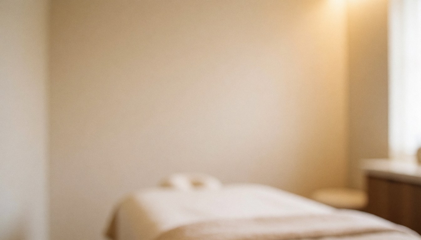 A calm and serene spa background featuring soft beige and white tones with a blurred texture, ideal for relaxation and wellness themes