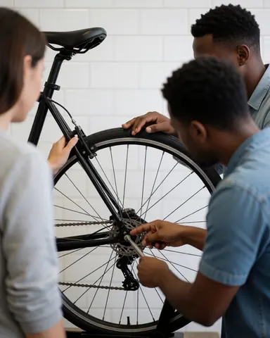 A satisfied customer smiling while receiving expert advice on bicycle maintenance and repair from a mechanic in a workshop.