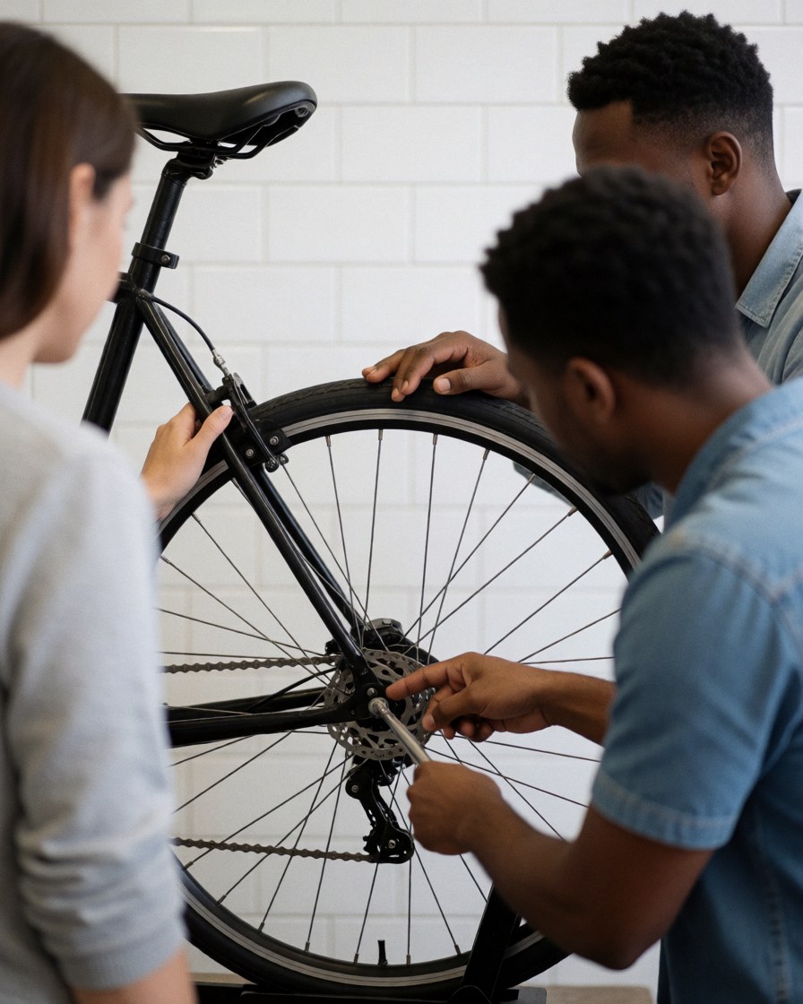 A satisfied customer smiling while receiving expert advice on bicycle maintenance and repair from a mechanic in a workshop.