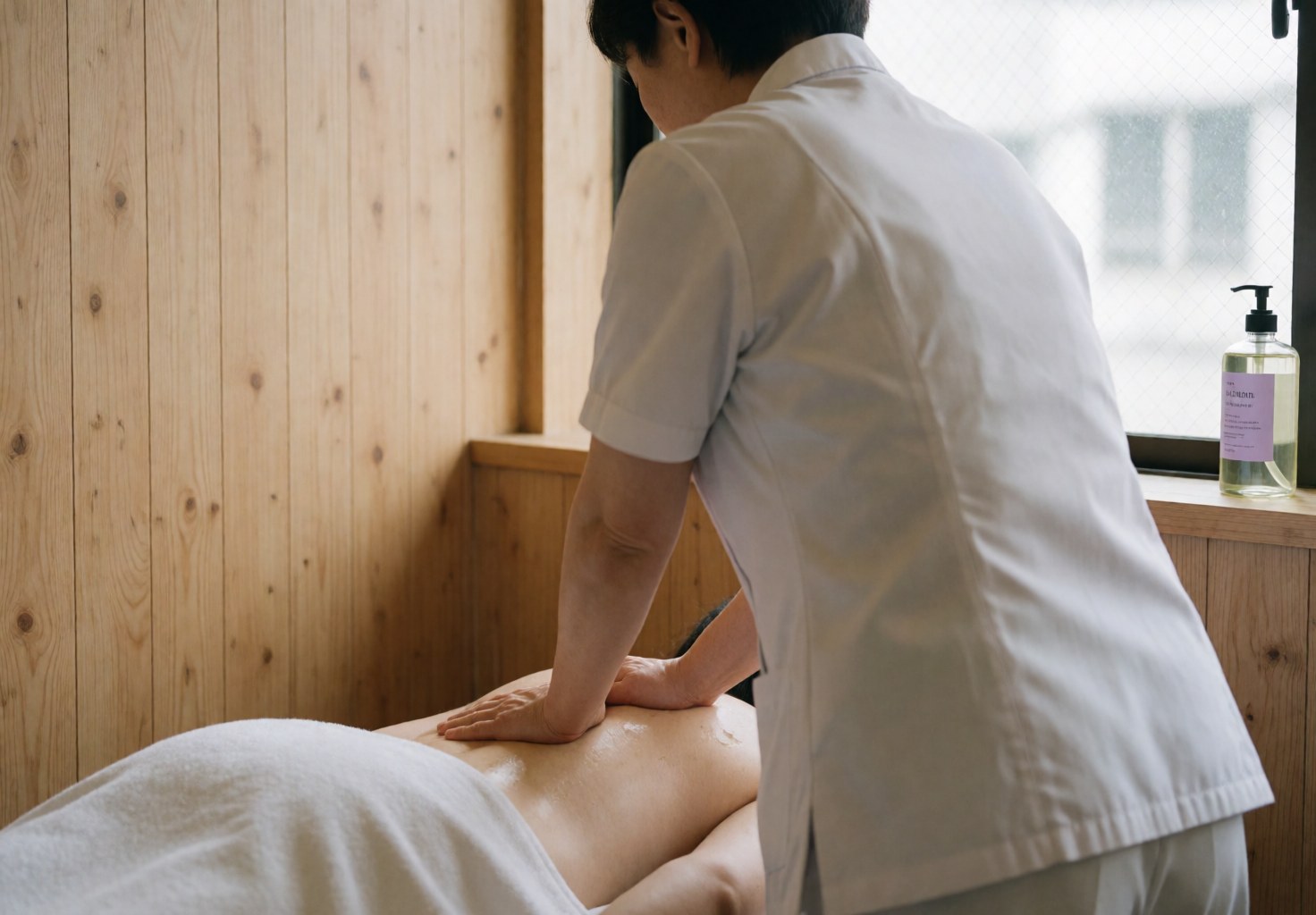 Therapist performing Swedish massage in a spa room with wooden walls, client in white clothing, natural light from window, relaxing and professional atmosphere.