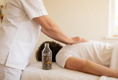 Therapist giving a Swedish massage on a white table with oil and flowers nearby in a relaxed, well-lit spa setting